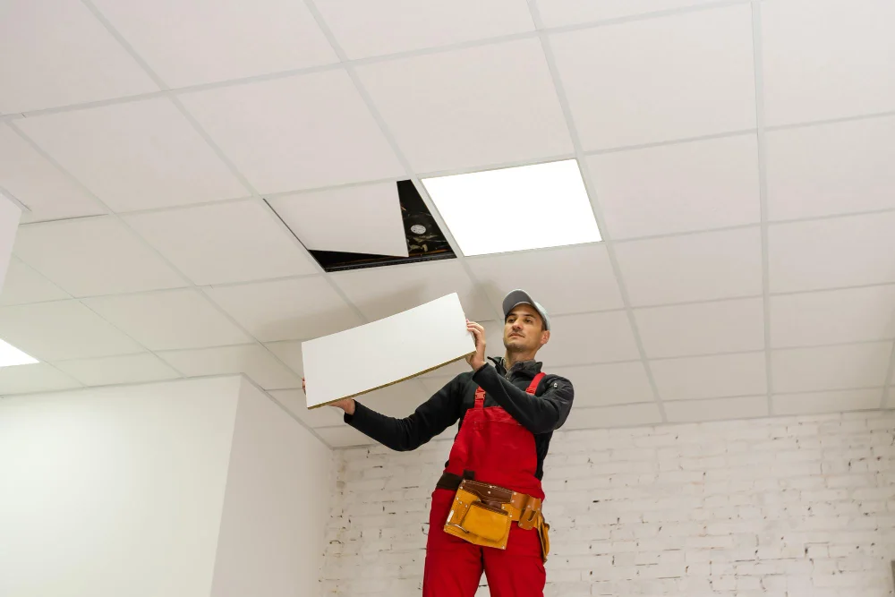 Trabajador con traje rojo realizando instalación de cielo raso